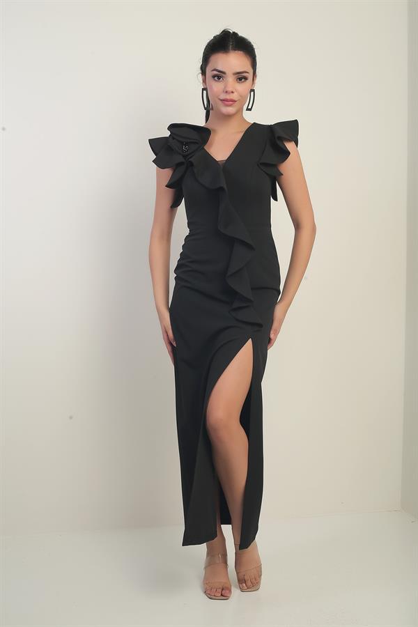 Robe longue pour femme avec roses brodées sur l'épaule, doublée, fente sur le devant et volants