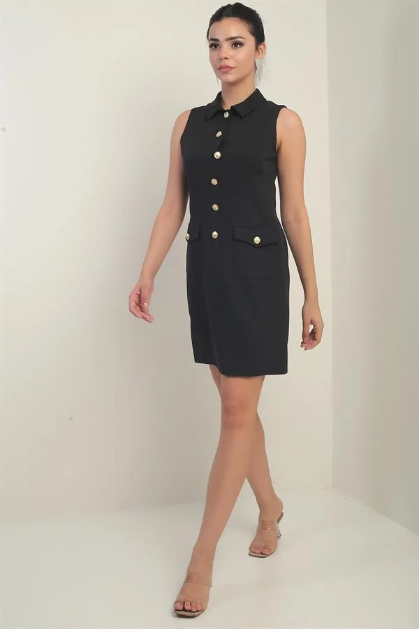 Women's Sleeveless Short Dress with Double Pockets and Button Detail