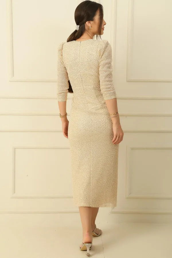 Önü Fiyonklu V Yaka Uzun Kol File Kumaş Elbise