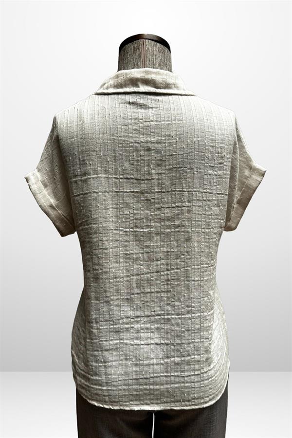 Kadın Polo Yaka Kendinden Desenli Keten Gömlek