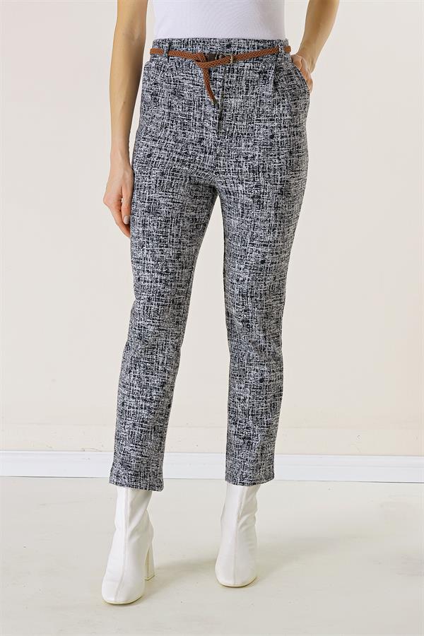 Beli Lastikli Kemerli Yandan Cepli Cam Kırığı Desen Dar Paça Pantolon