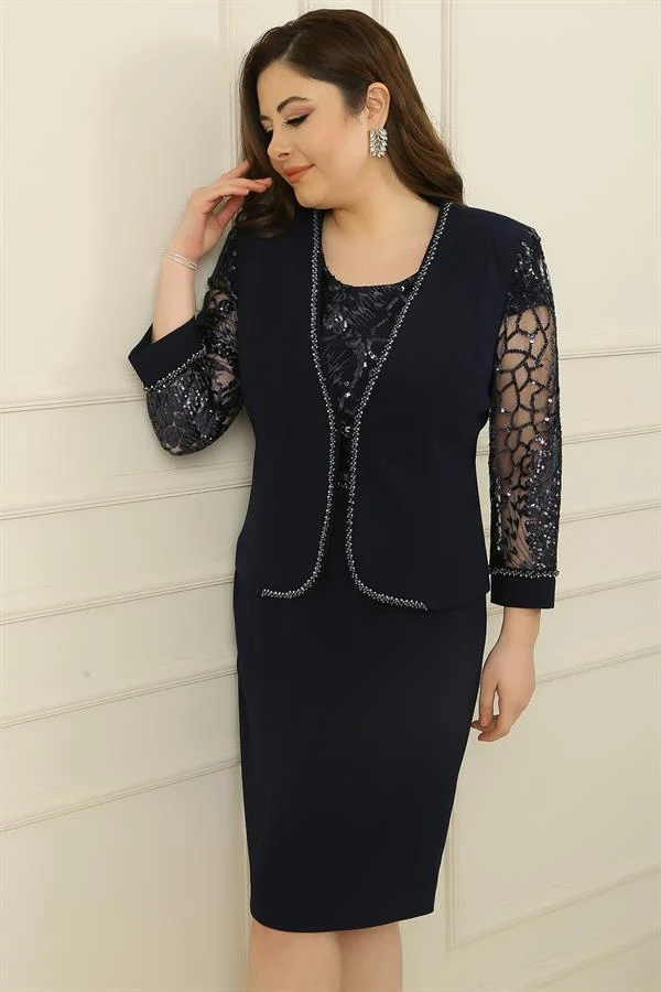 Ensemble robe et veste doublée ornée de sequins et de tulle, grande taille, 2 pièces