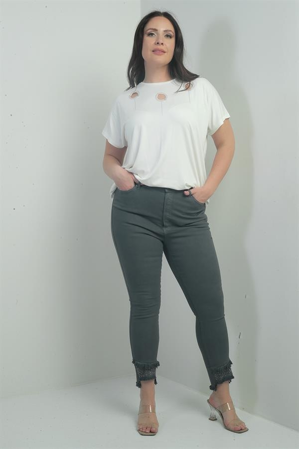 Kadın Dar Paça Taş Ve Püskül Detaylı Likralı Büyük Beden Kanvas Pantolon