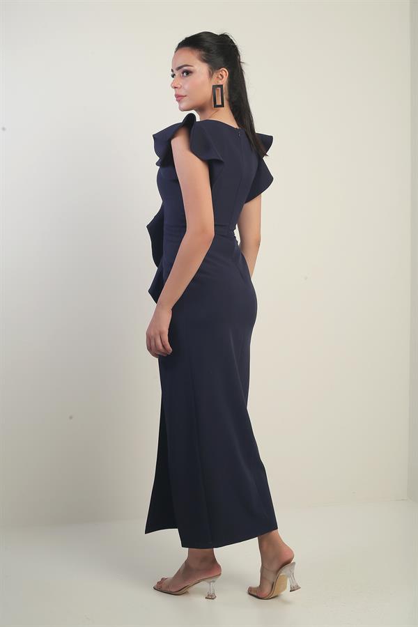 Women's Long Dress with Embroidered Roses on the Shoulder, Lined, Front Slit and Ruffles