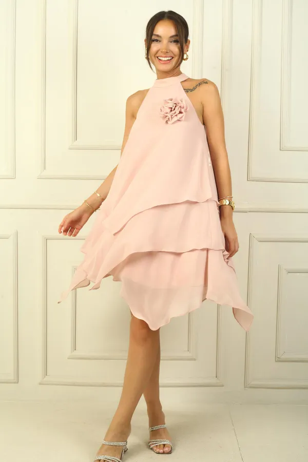 Robe asymétrique en mousseline de soie doublée à col licou pour femme