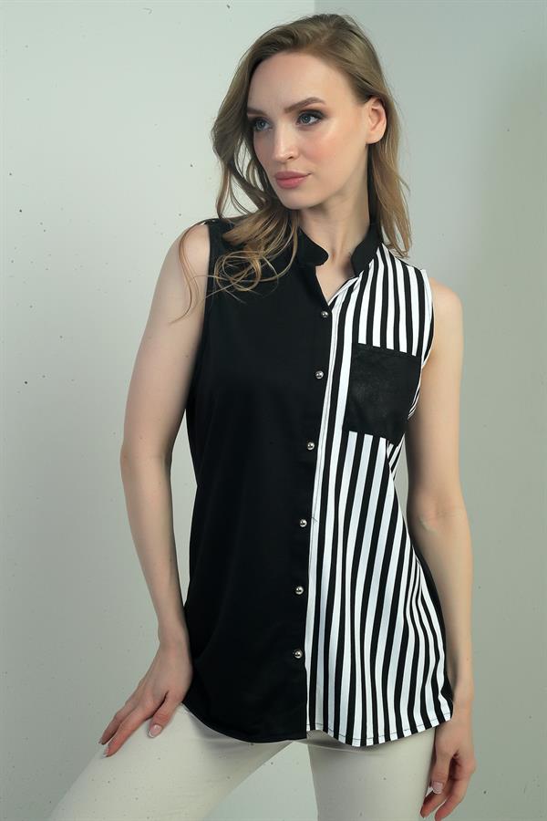 Women's Striped Detail Leather Pocketed Lycra Vest