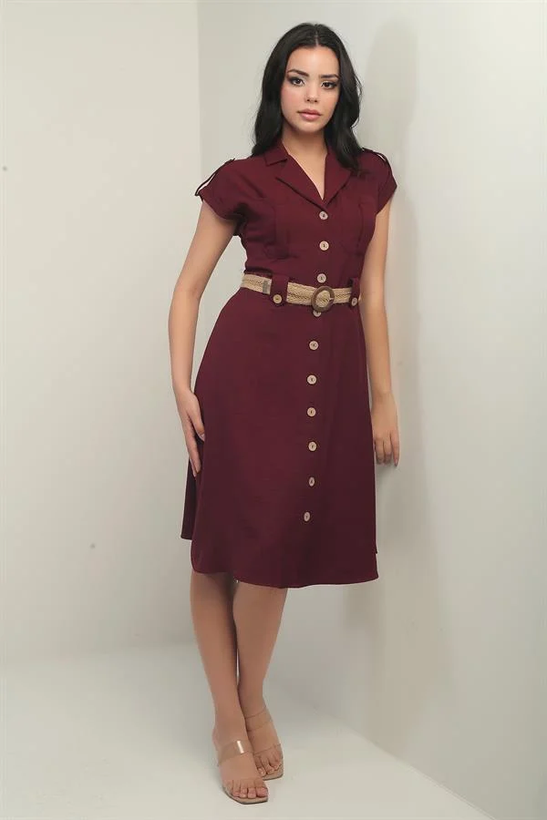 Women's Collared Off-Shoulder Double Pocket Belted Linen Effect Dress