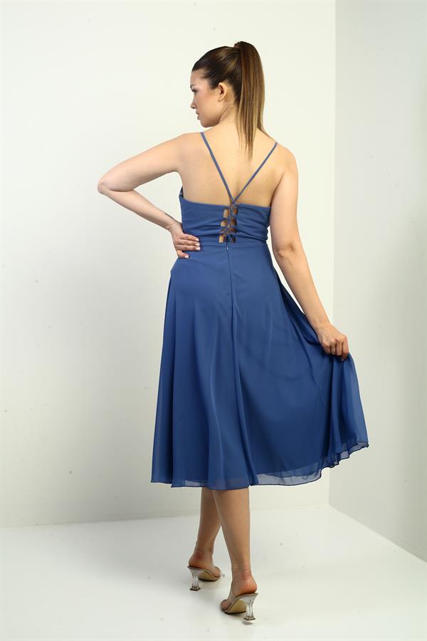 Kadın İp Askılı Kruvaze Yaka Astarlı Arkası Bağcıklı Kloş Şifon Elbise