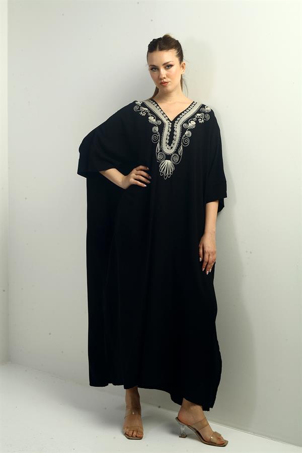 Women's V-Neck Embroidered Pocket Oversize Long Dress
