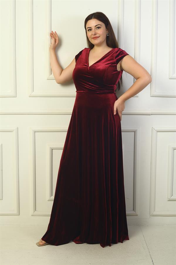 Women's Plus Size Long Velvet Dress with Front and Back V-Neck, Side Gathering, and Half-Moon Sleeves
