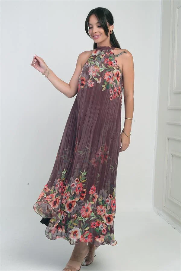 Kadın Çiçek Desenli Astarlı Plisoley Şifon Uzun Elbise