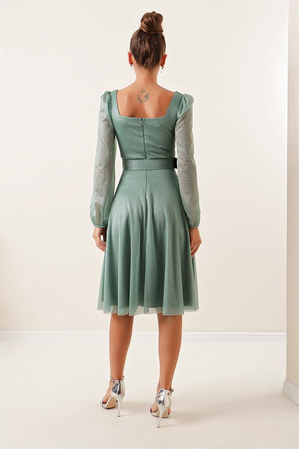 Square Neck, Belted, Balloon Sleeve, Lined, Glittery Dress