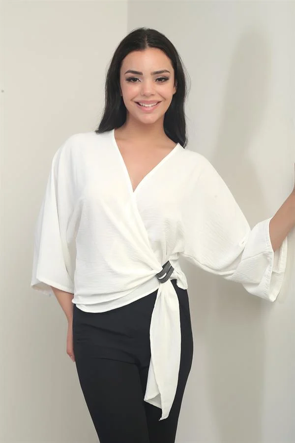 Kadın Kruvaze Yaka Kısa Ayrobin Bluz