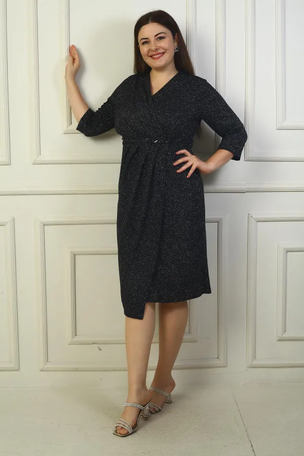 Kadın Kruvaze Yaka Uzun Kollu Astarlı Pileli Beli Aksesuar Detaylı Büyük Beden Simli Kısa Elbise