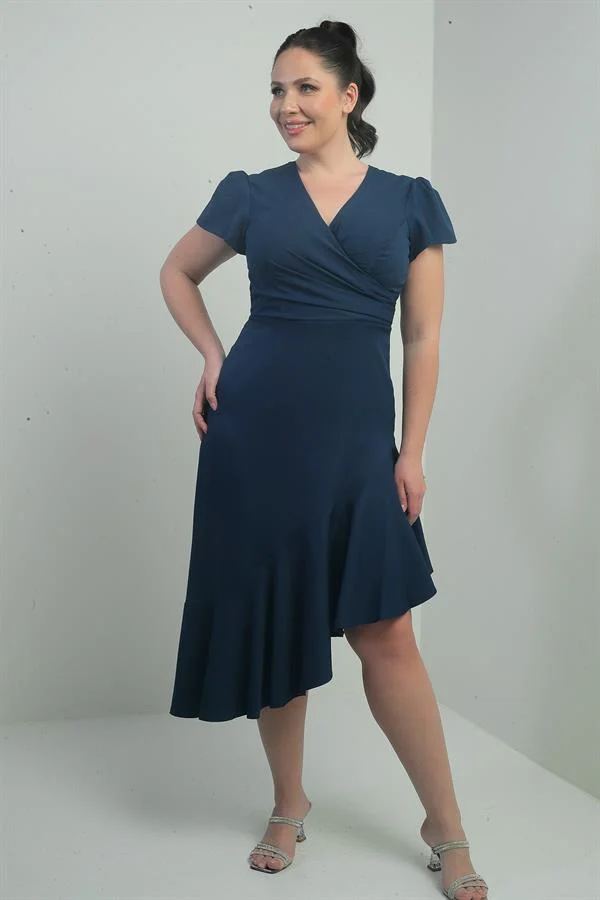 Robe en crêpe grande taille pour femme, décolleté cache-cœur, jupe à volants doublée et drapée sur le devant