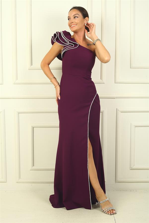 Tek Marul Omuzlu Astarlı Parlak Taş Detaylı Krep Balık Abiye Elbise