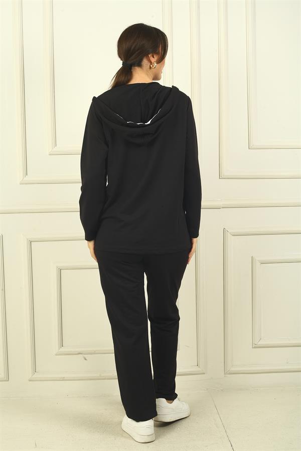 Women's Hooded Two-Piece Set with Double Pockets, Relaxed Fit and Piped Trim