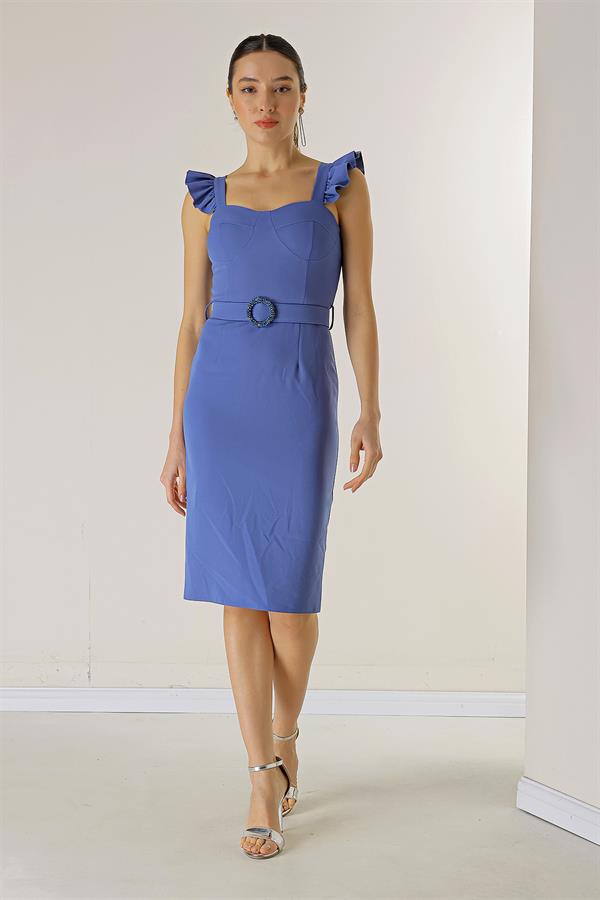 Askıları Fırfırlı Glop Detaylı Astarllı Beli Kemerli Krep Elbise