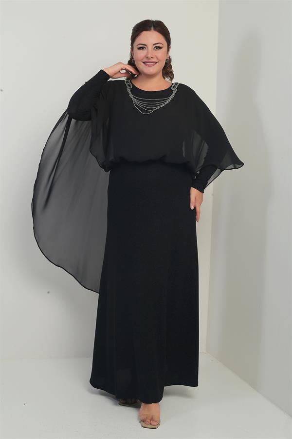 Kadın Üstü Zincirli Şifon Altı Simli Astarlı Büyük Beden Tesettür Uzun Elbise