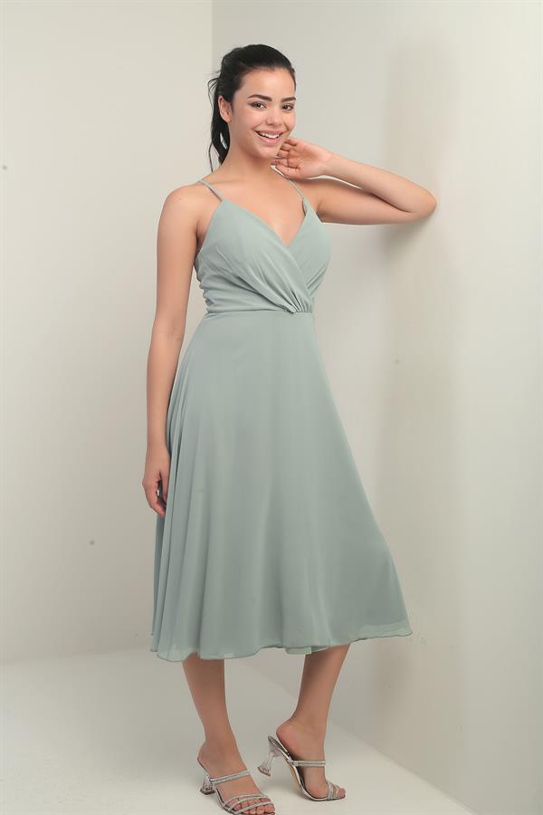 Kadın İp Askılı Kruvaze Yaka Astarlı Arkası Bağcıklı Kloş Şifon Elbise