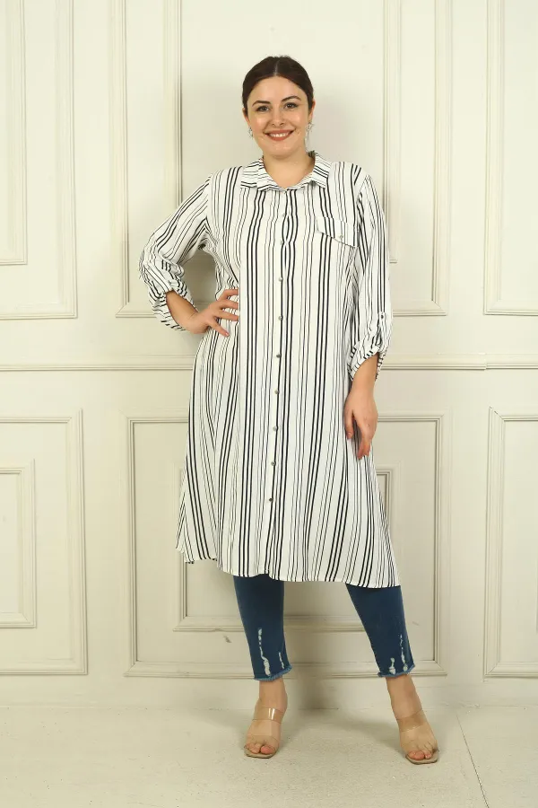 Kadın Sahte Tek Cepli Kol Katlamalı Boyuna Çizgili Büyük Beden Uzun Tunik Gömlek