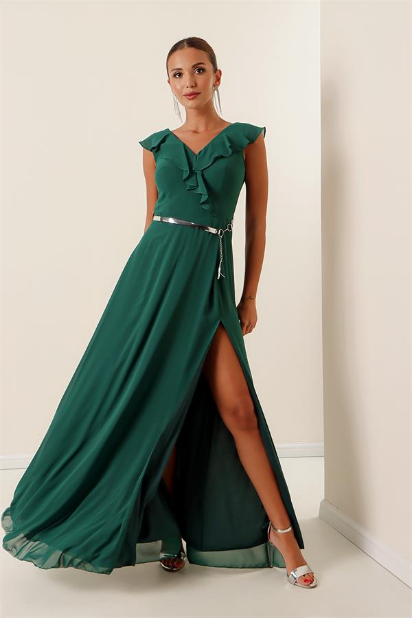 Long Chiffon Dress with Ruffled Neckline and Belt, and Slit