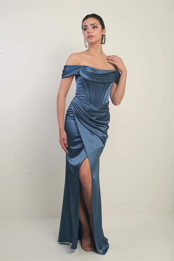 Women's Strapless Low-Sleeve Lined Underwired Satin Long Dress