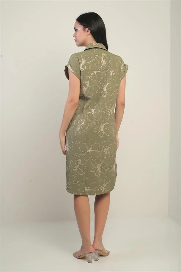 Women's Short-Sleeved, Corded, Pocketed Shirt Dress with Side Slits