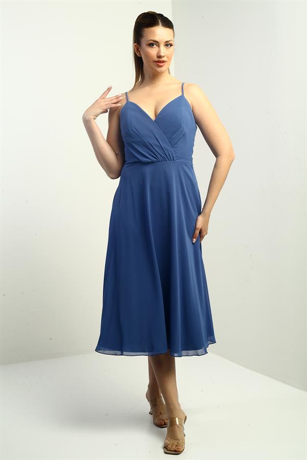 Kadın İp Askılı Kruvaze Yaka Astarlı Arkası Bağcıklı Kloş Şifon Elbise