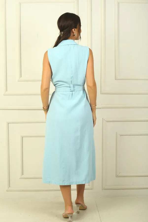 Robe Safari effet lin avec bouton sur le devant, taille ceinturée et poche