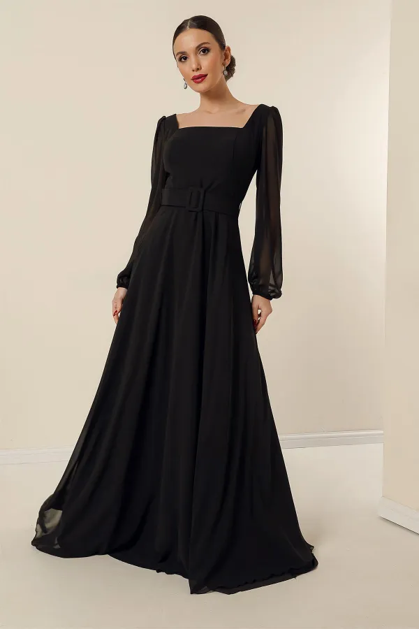 Square Neck Belted Lined Chiffon Long Evening Dress