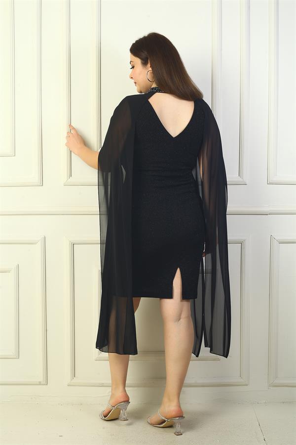 Women's V-Neck Lined Plus Size Glitter Dress with Chiffon Cape