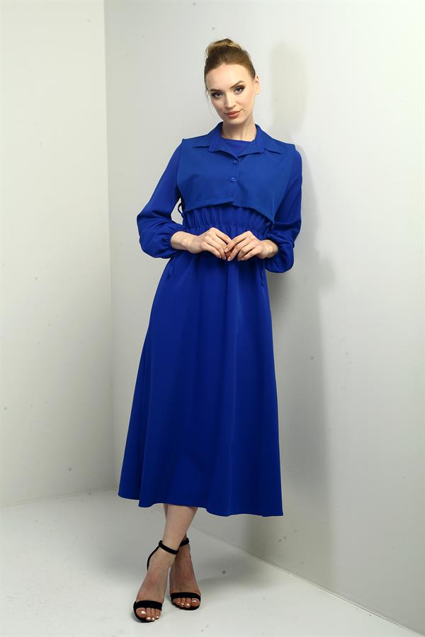 Women's Button-Down Detachable Vest, Elastic Waist, Long-Sleeved Midi Dress