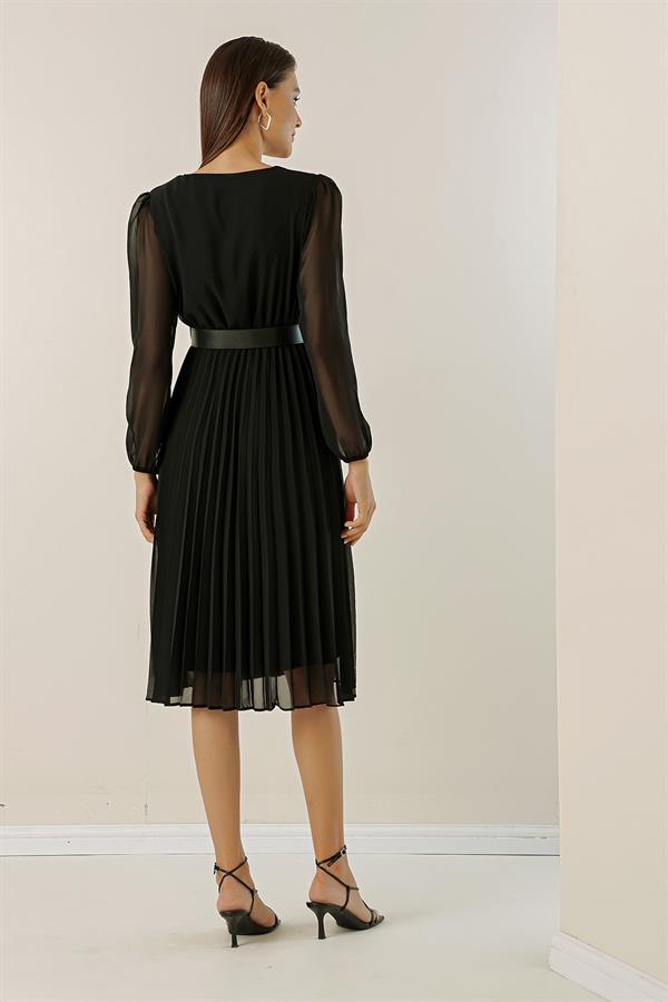 Kruvaze Yaka Beli Kemerli Pileli Astarlı Şifon Elbise