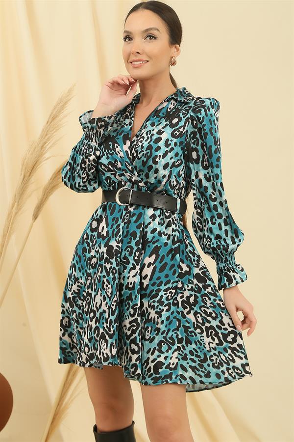 Wrap-around polo shirt, belted waist, lined, leopard print satin dress.