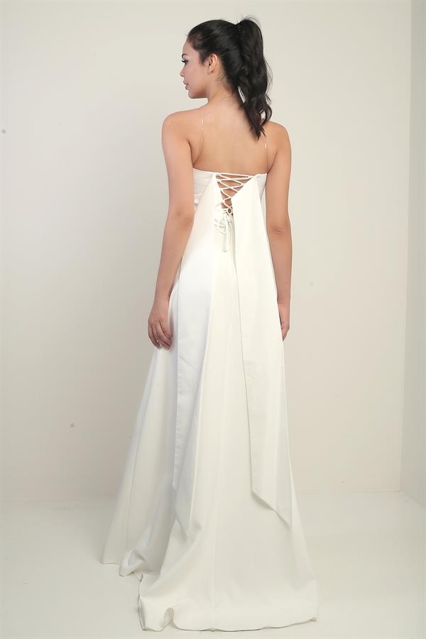 Robe longue évasée sans bretelles en taffetas pour femme avec double épissure de pierre