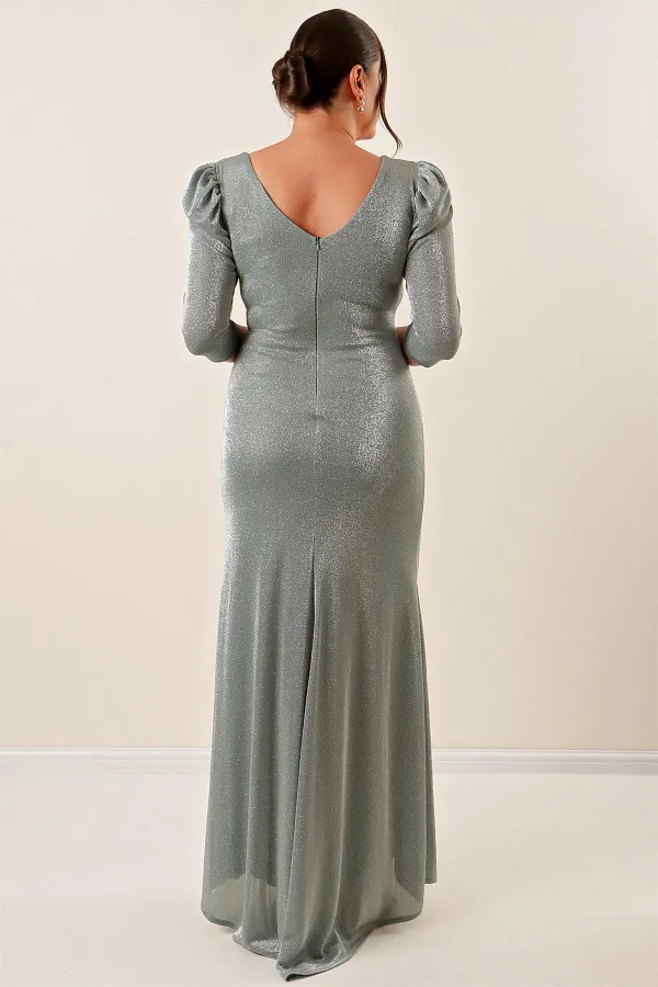 Robe longue pailletée à manches trois-quarts et volants sur le devant, grande taille