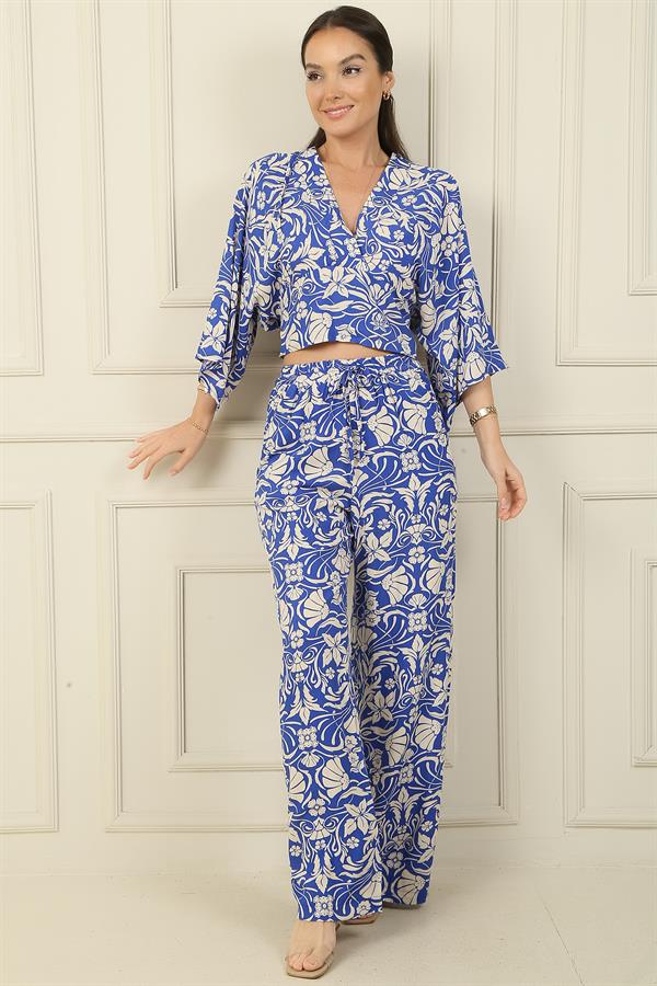 Front and Back V-Neck Crop Top, Elastic Waistband, Pocketed Palazzo Pants, Floral 2-Piece Set