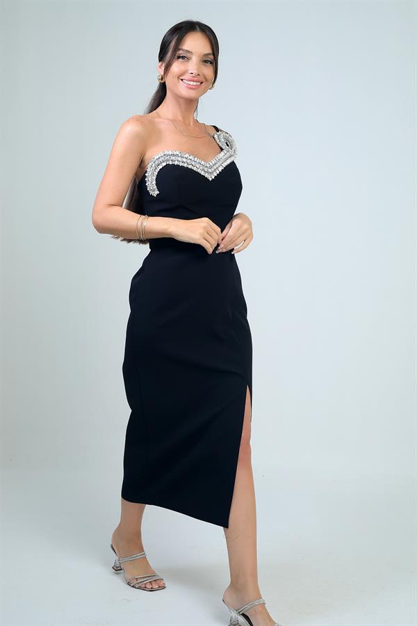 Kadın İnce Tek Askılı Taş Detaylı Balenli Krep Midi Elbise