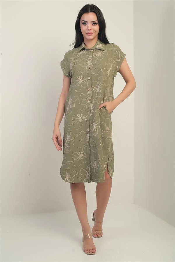 Women's Short-Sleeved, Corded, Pocketed Shirt Dress with Side Slits