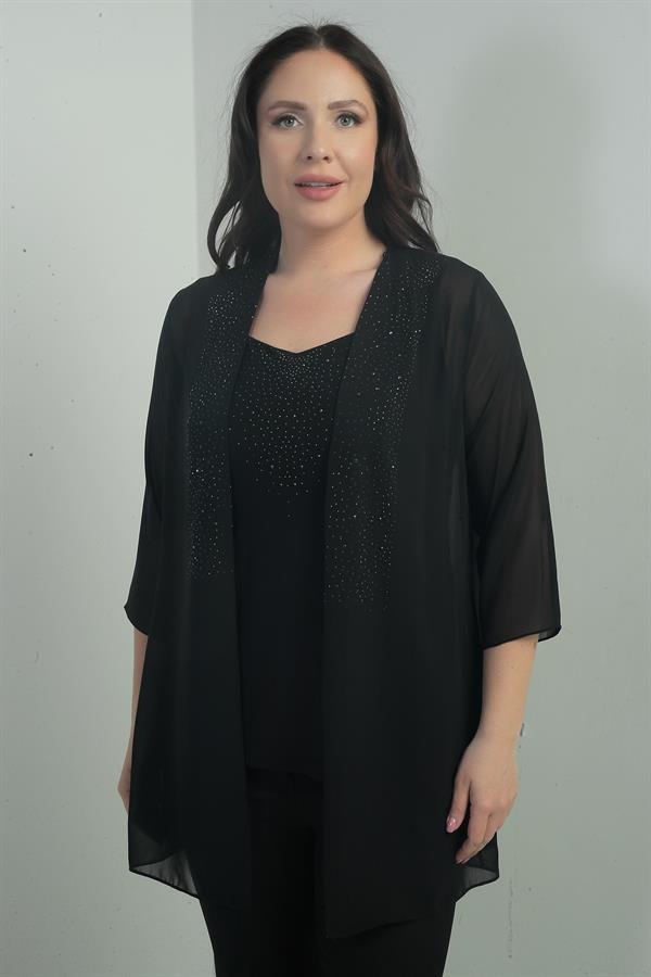 Veste en mousseline à manches mi-longues pour femme, chemisier en lycra sans manches, détails perlés, ensemble 2 pièces grande taille