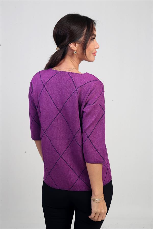 Chemisier à paillettes à col en V et manches courtes pour femme, orné de motifs en losanges