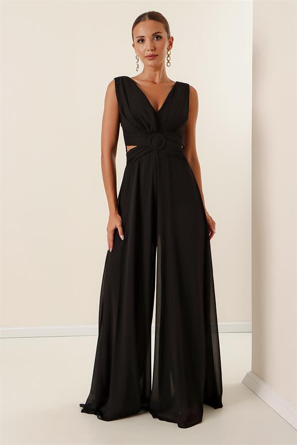 Waist-detailed, front and back V-neck, lined chiffon jumpsuit.