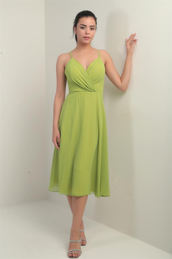 Women's Strappy Wrap Neckline Lined Lace-Up Back Flared Chiffon Dress