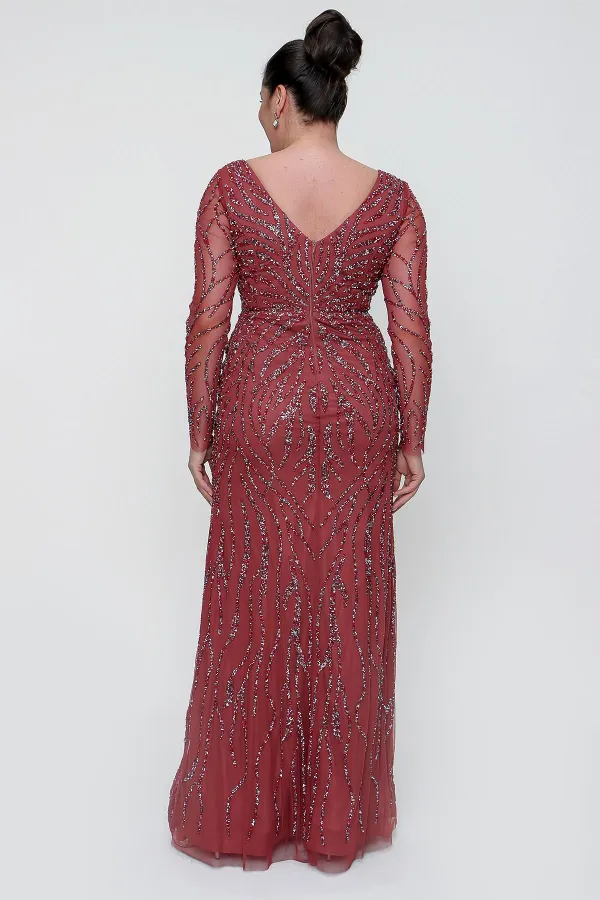 Front Back V Neck Sleeves Tulle Lined Stoned Long Plus Size Dress