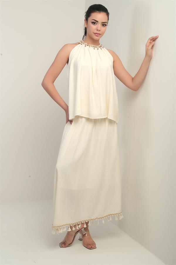 Women's Beaded Halter Neck Blouse and Elasticated Waist Lined Tassel Skirt 2-Piece Set