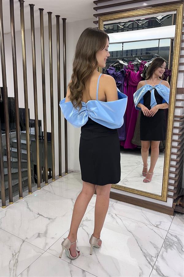 Women's Strappy Satin Short Dress with Stone Embellishments and Lining, and Bow Detail