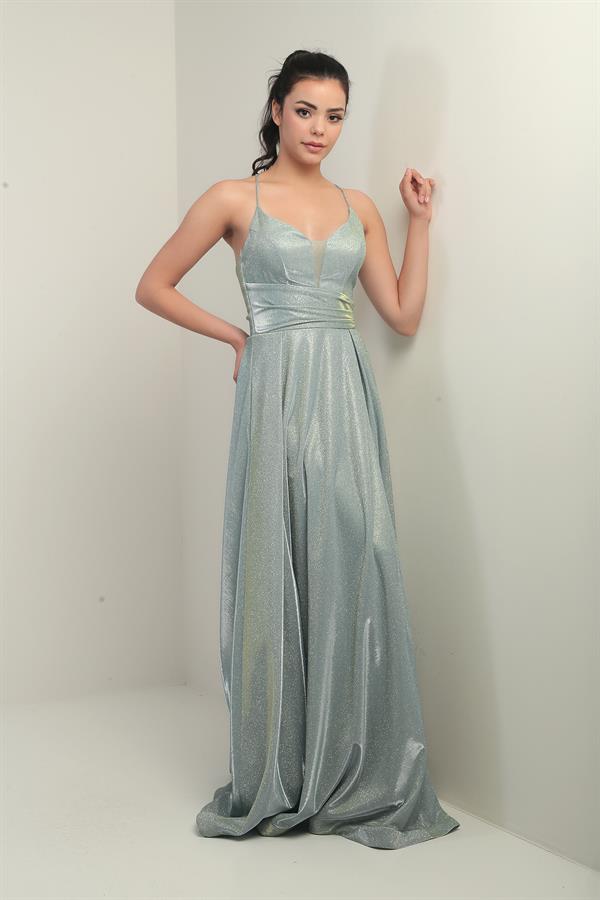 İp Askılı Astarlı Simli Uzun Abiye Elbise