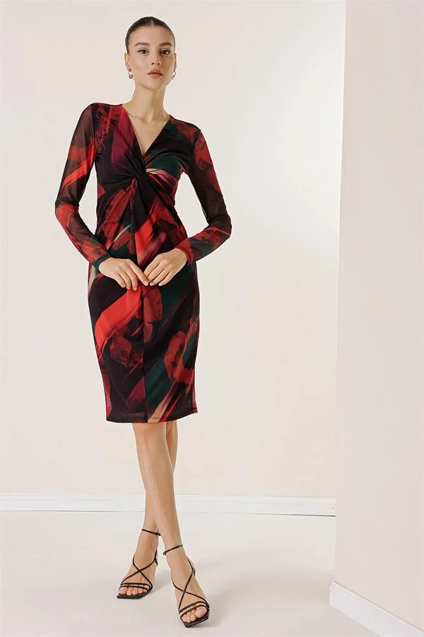 Lined Patterned Tulle Dress with Knot Detail at the Front
