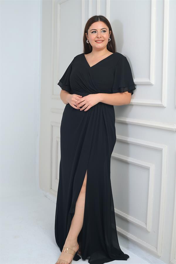 Women's Back V-Neck Lined Waist Beaded Detail Dart-Style Plus Size Crepe Chiffon Dress